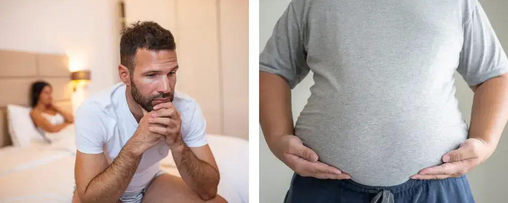 Man experiencing low libido and abdominal weight gain associated with age-related HGH decline